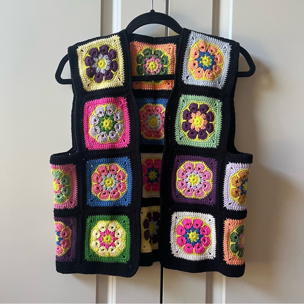 Hand made multicolored granny square crochet vest floral motifs and black border